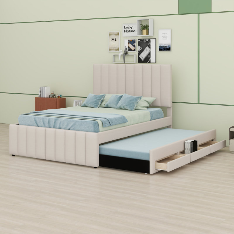 Lit plateforme tapissier avec lit gigogne et tiroirs, Beige, Lit double