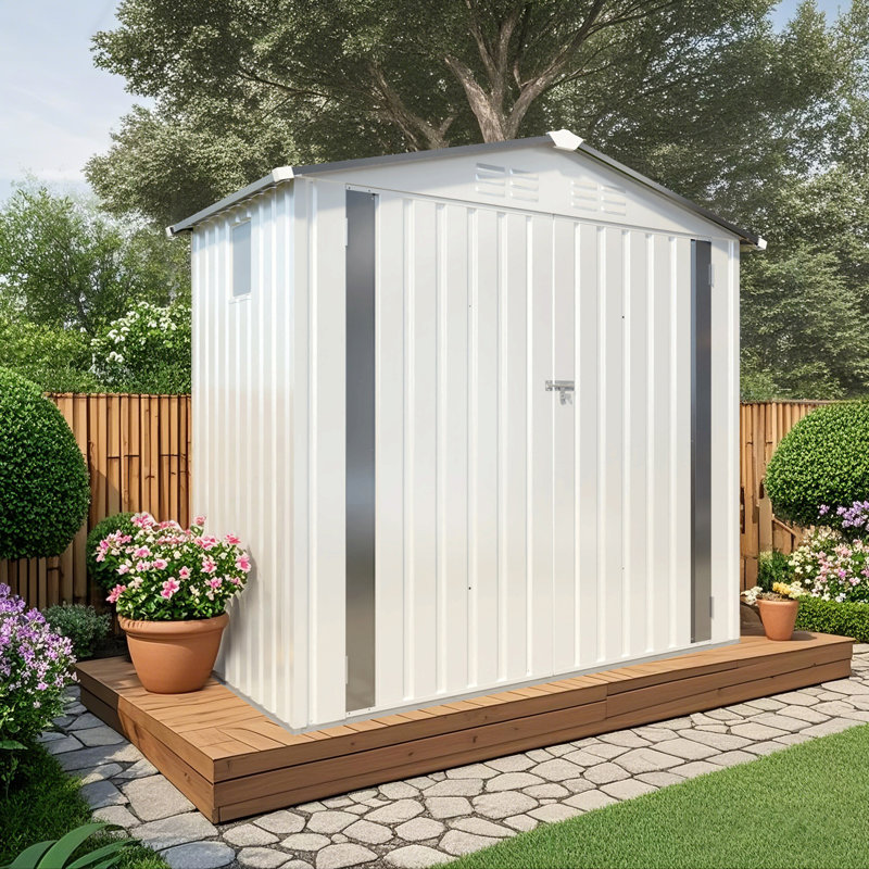 Remise de rangement en métal Monaco avec toit en pointe et porte verrouillable Monaco, Blanc