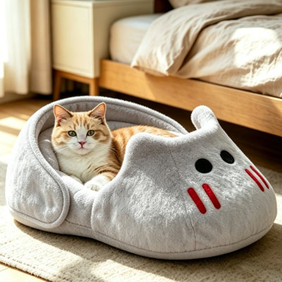 Cute Cartoon Slipper Shaped Pet Bed, Semi-Enclosed Cat & Dog Nest, All Season Warm Fluffy Pet Sofa Bed, Winter Cozy Calming Pet House for Small Cats Puppies
