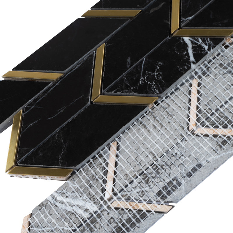 Natural 11.82 in. x 12.41 in. Chevron Polished Marble Mosaic Tile, Black/Gold