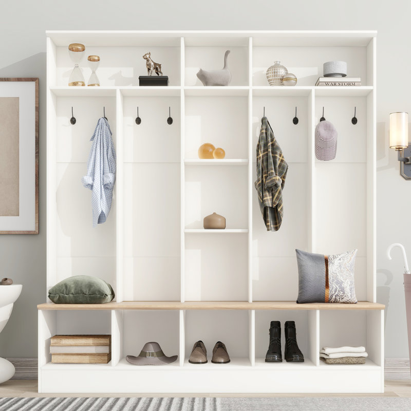Arbre d'entrée large avec banc de rangement, armoire à chaussures avec rangement cubique et tablettes, portemanteau avec 8 crochets