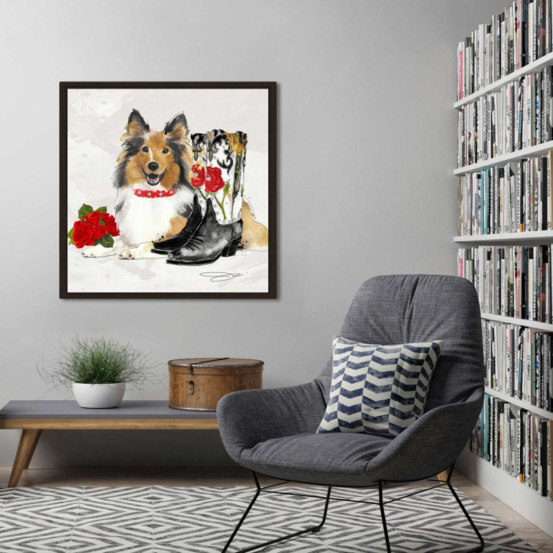 Western Border Collie (Square) par By Jodi - impression, Cadre flottant espresso, H 27,5 po x l 27,5 po x P 2 po