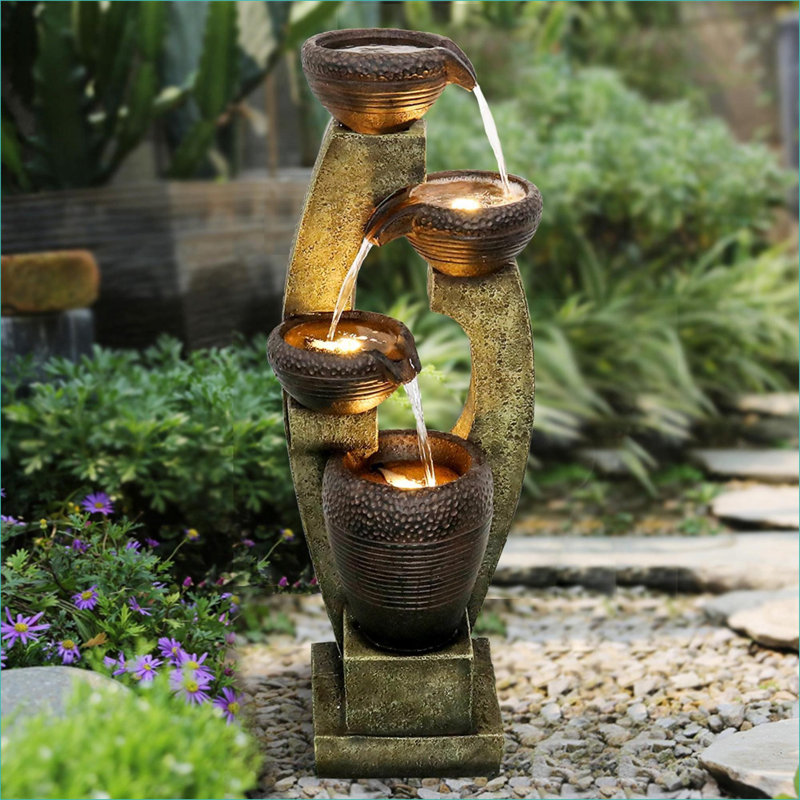 Fountains, Modern 40" 4-Tier LED Fountain, Tan Brown Slate Gray, for Patio Garden Indoor Outdoor | Tiered | Resin
