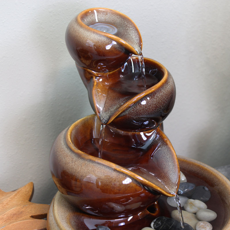Brown Ceramic Tiered Tabletop Fountain with Decorative Stones