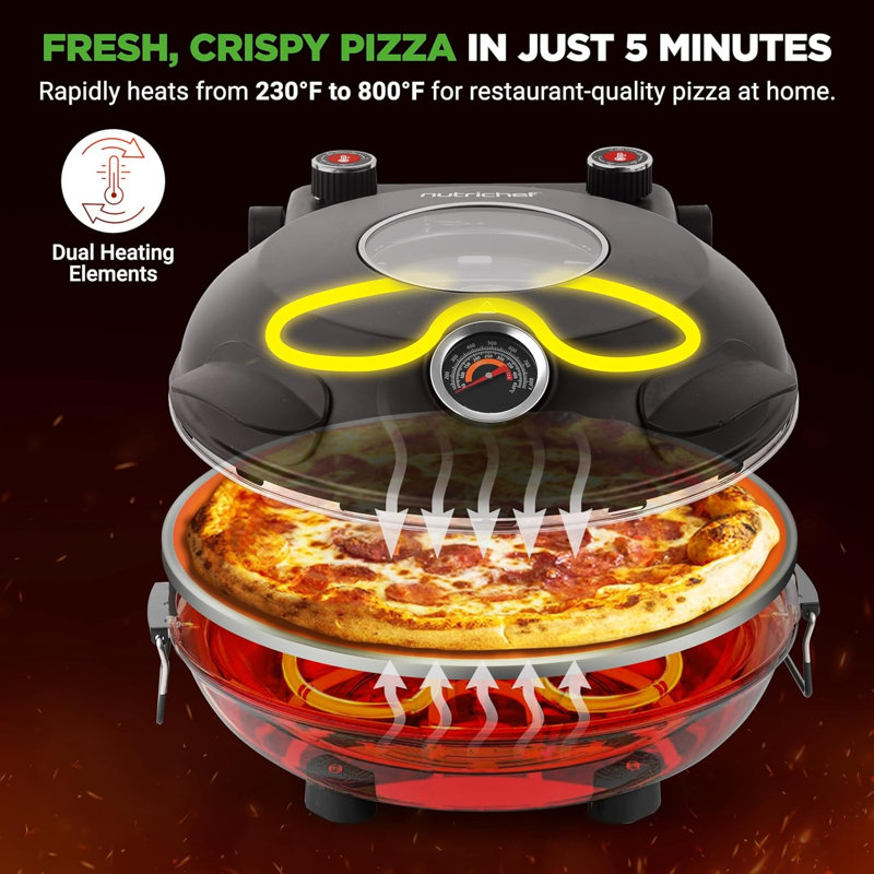 Nutrichef Countertop Pizza Maker - Electric Pizza Oven With Temperature Controls, Window And Thermometer (Black), Black
