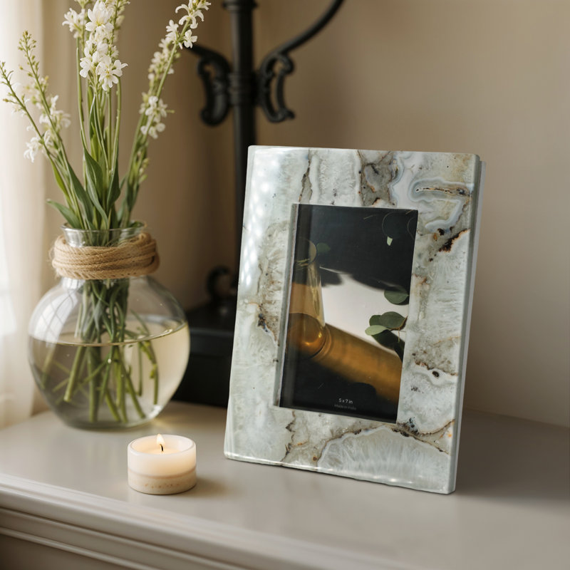 Cadre photo agate moderne en pierre pour décoration intérieure, Blanc / gris, 5 po x 7 po