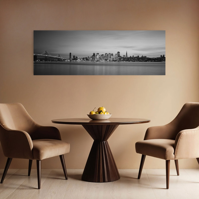 Suspension bridge with city skyline at dusk Bay Bridge San Francisco Bay San Francisco California USA 1 Piece Wrapped Canvas Panoramic Wall Art