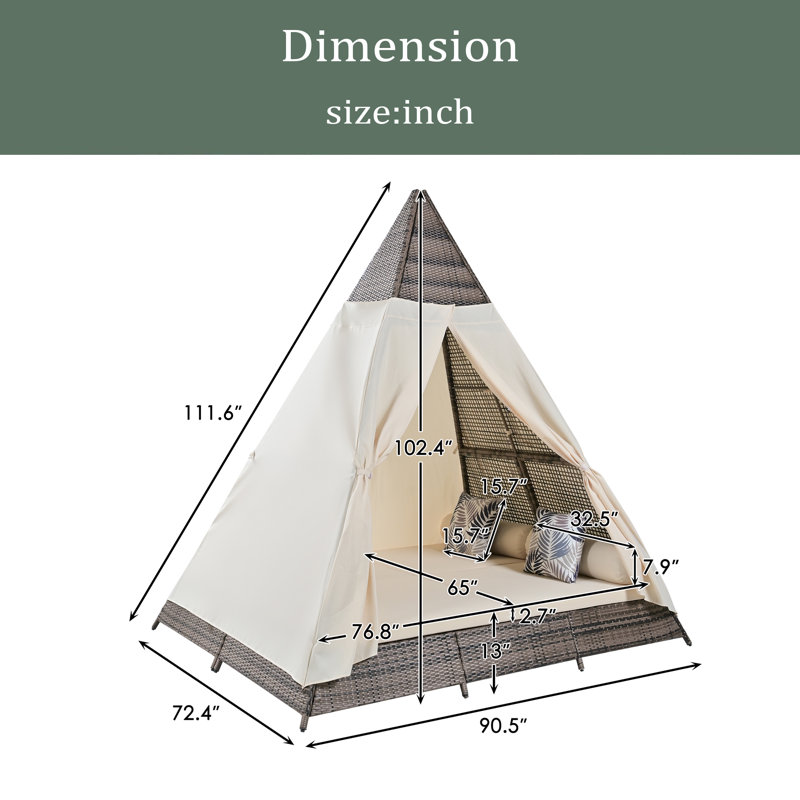 90.5" Length Outdoor Sunbed With Colorful Pillows, Wicker Patio Daybed With Cushions, Tent Shape, Brown, Beige