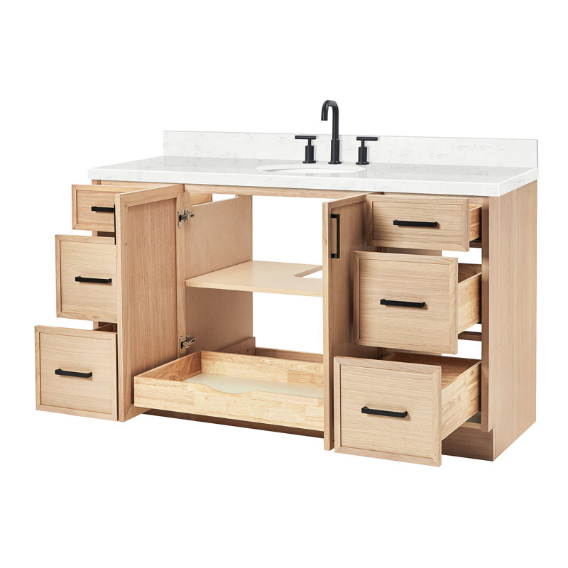 ARIEL Kelly 60 Single Sink Bathroom Vanity with Carrara Quartz Top, Oak