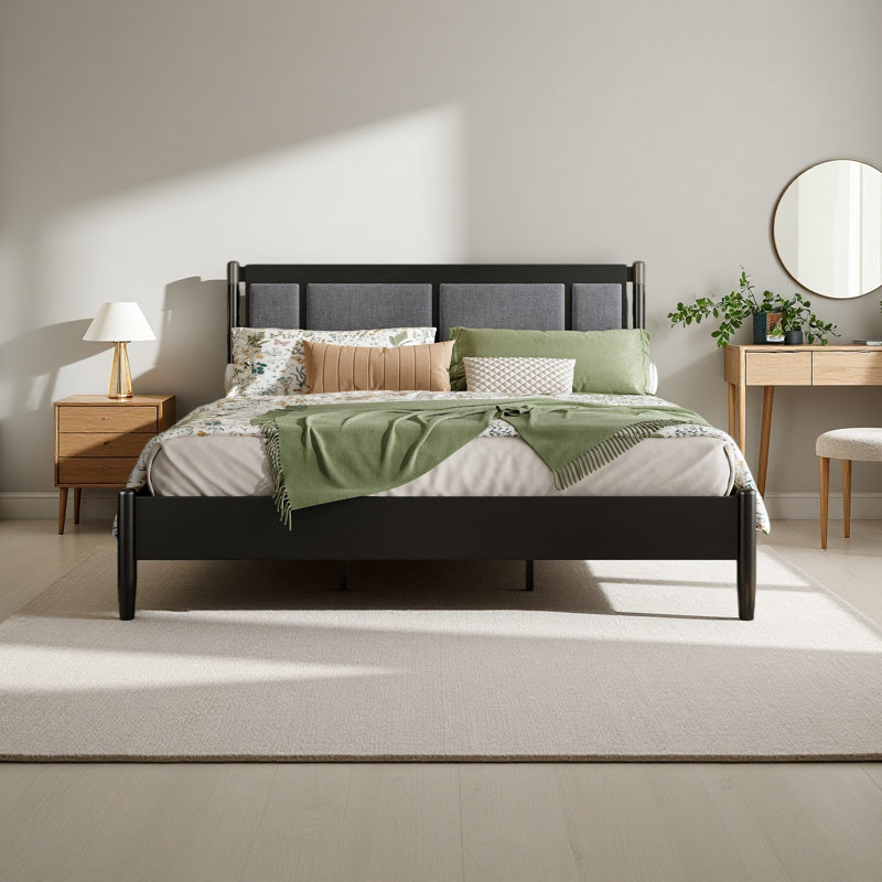 Lit en bois massif, aucun sommier tapissier requis, tête de lit tapissier avec poignées en métal, Gris foncé, Très grand lit