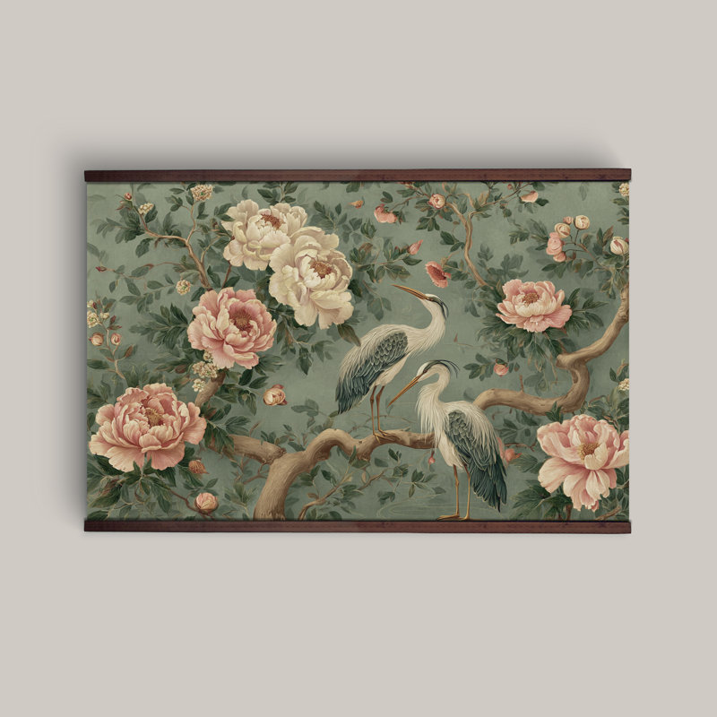 Très grand art mural rétro Heron - impression sur toile botanique florale, H 40 po x l 60 po