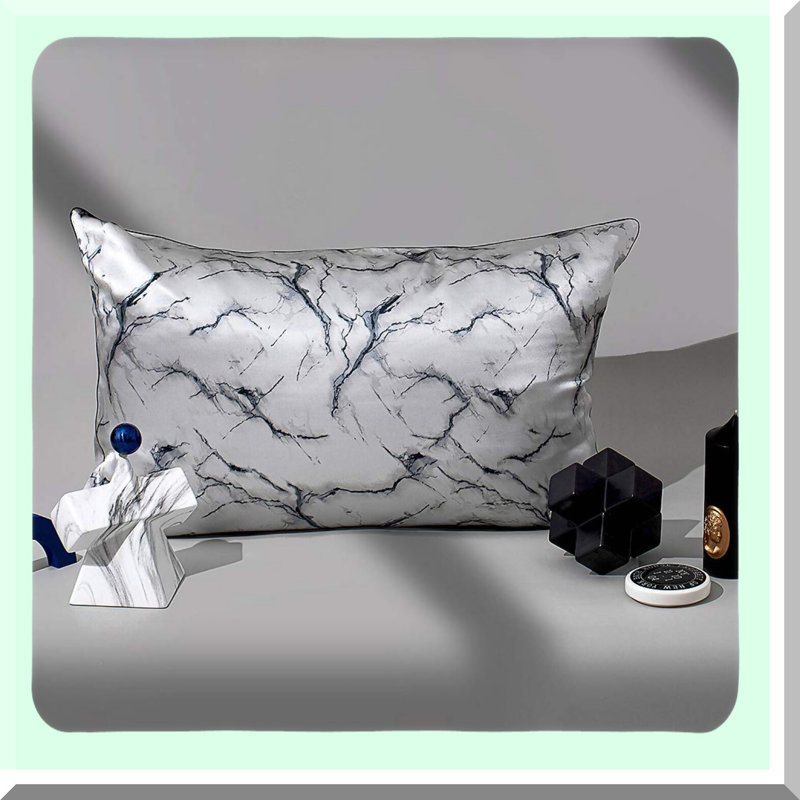 Luxury Silk Marble Pillowcase - 100% Mulberry Silk, Hidden Zipper, 19 Momme Soft & Smooth, Grey Print Cover for Queen Size Bed - Hair & Skin Benefits