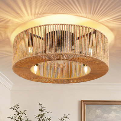 23.6'' Boho Caged Ceiling Fan With Light Kit, Rattan Flush Mount Ceiling Fan