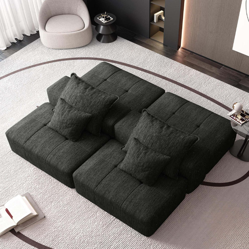 Canapé modulaire Boneless 4 pièces avec 2 repose-pieds, 2 sièges et 4 coussins, Chenille noire
