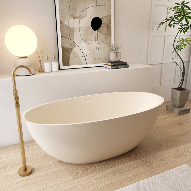 65''Solid Solid Surface Bathtub, Freestanding Soaking Bathtub, Milky Coffee