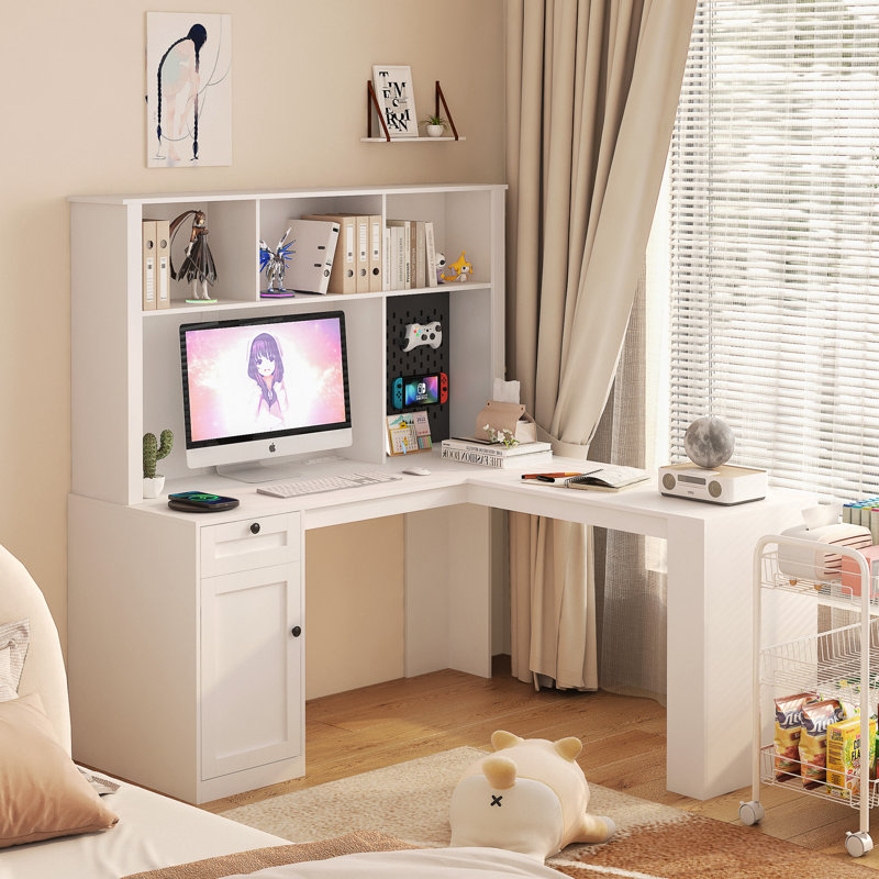 Bureau en L avec prise de courant, White