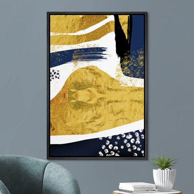 Or, bleu marine, coups de pinceau encadrés sur toile
