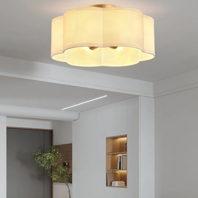 Plafonnier semi-encastré Greidys Gold, 6 lumières de plafond avec abat-jour tambour en tissu en forme de fleur, lumière moderne de 15 pouces pour le couloir de la chambre de la chambre de bébé