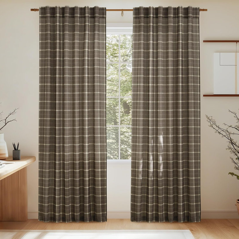 Rustic Grid Pattern Linen Light Filtering Plaid Curtains for Living Room Dining Room, Farmhouse Rod Pocket Back Tab Semi Sheer Window Curtains, 1 Pair