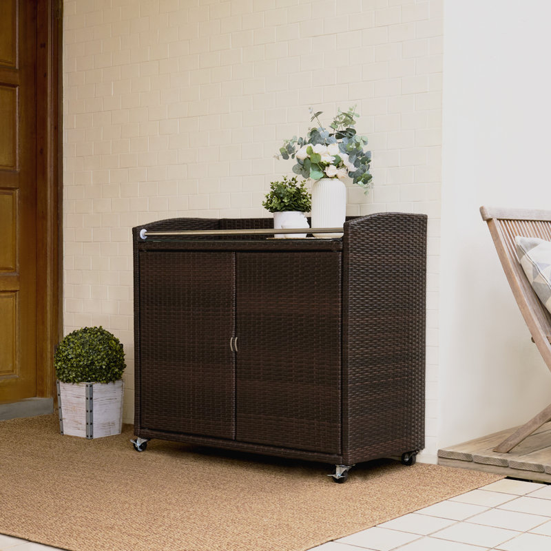 Outdoor Portable PE Rattan Serving Rolling Bar Cart with Storage Shelves, Glass Top, and Locking Wheels