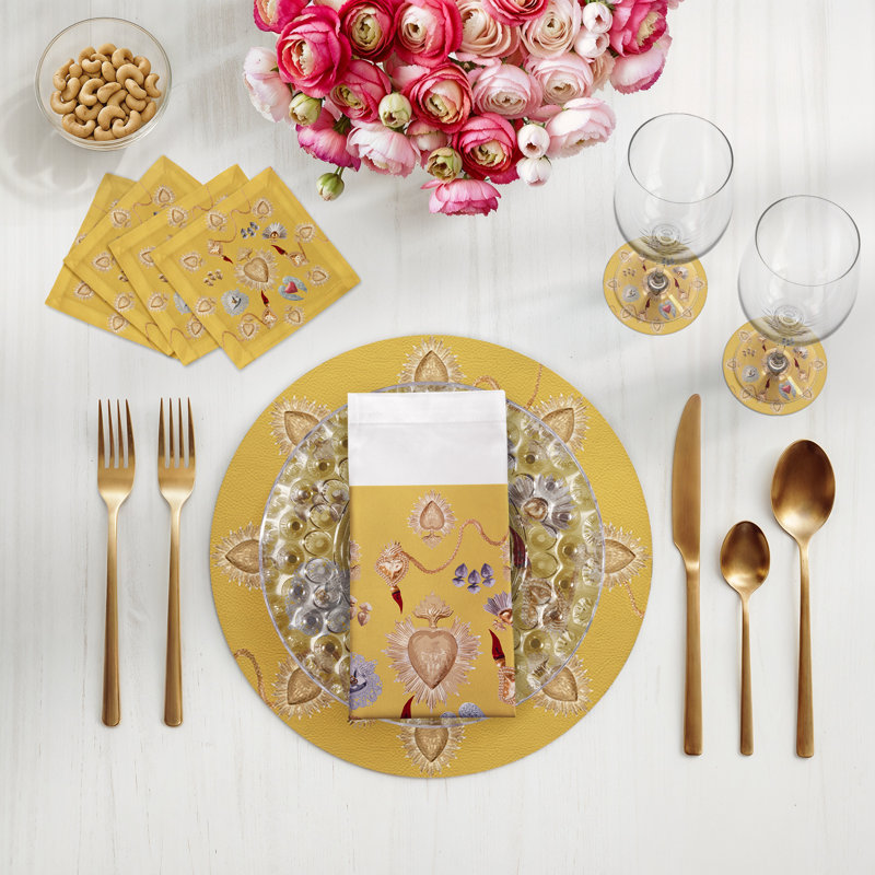 Ex Vote Sacred Hearts Cotton Sateen Cocktail Napkins, Gold