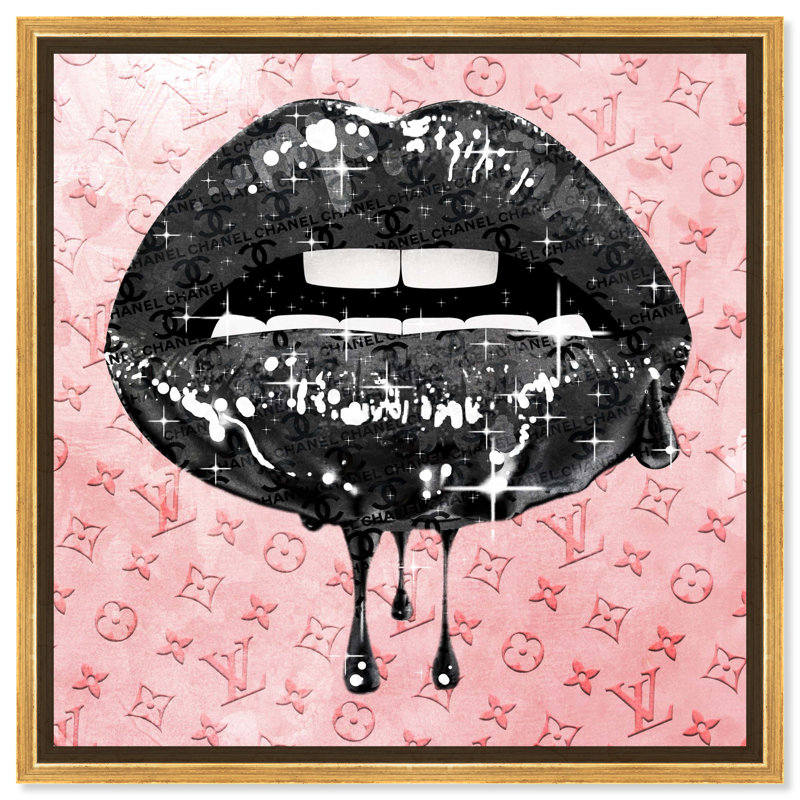 Fashion and Glam Noir and Blush Lips - impression d'art graphique, H 12 po x l 12 po x P 1,5 po, Toile encadrée d'or