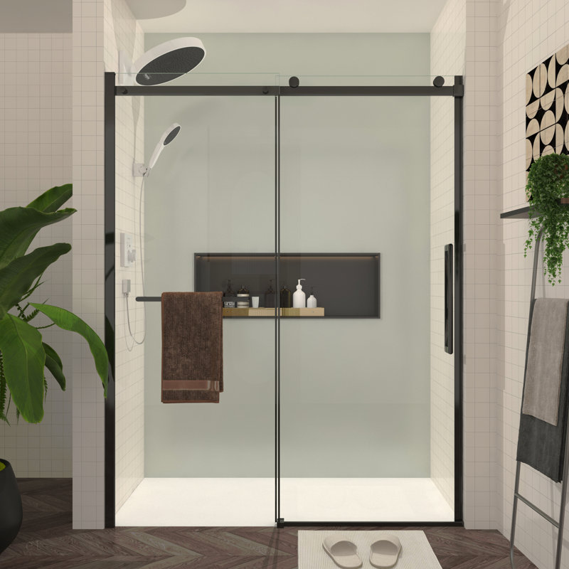 S-RM6076TB 56-60"W X 76"H Sliding Shower Door, Frameless Glass Shower Door With Matte Black Hardware, Towel Bar And Handle,Drop Shipping Available