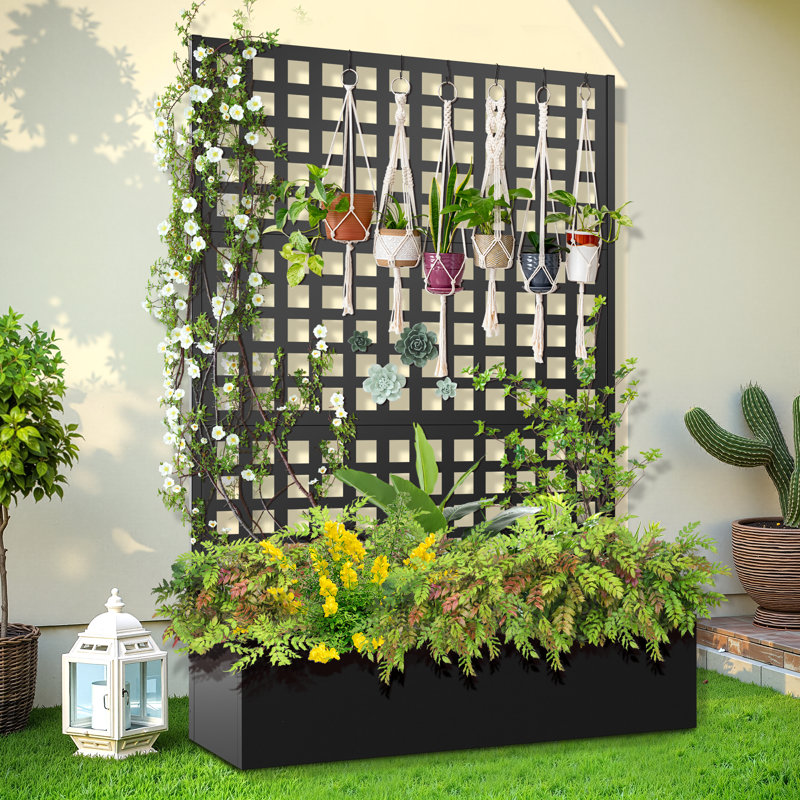 Metal Planter Box with Trellis, Raised Garden Bed with Trellis for Climbing Plants, Outdoor Planter Box with Drainage Holes for Patio, Balcony & Garden