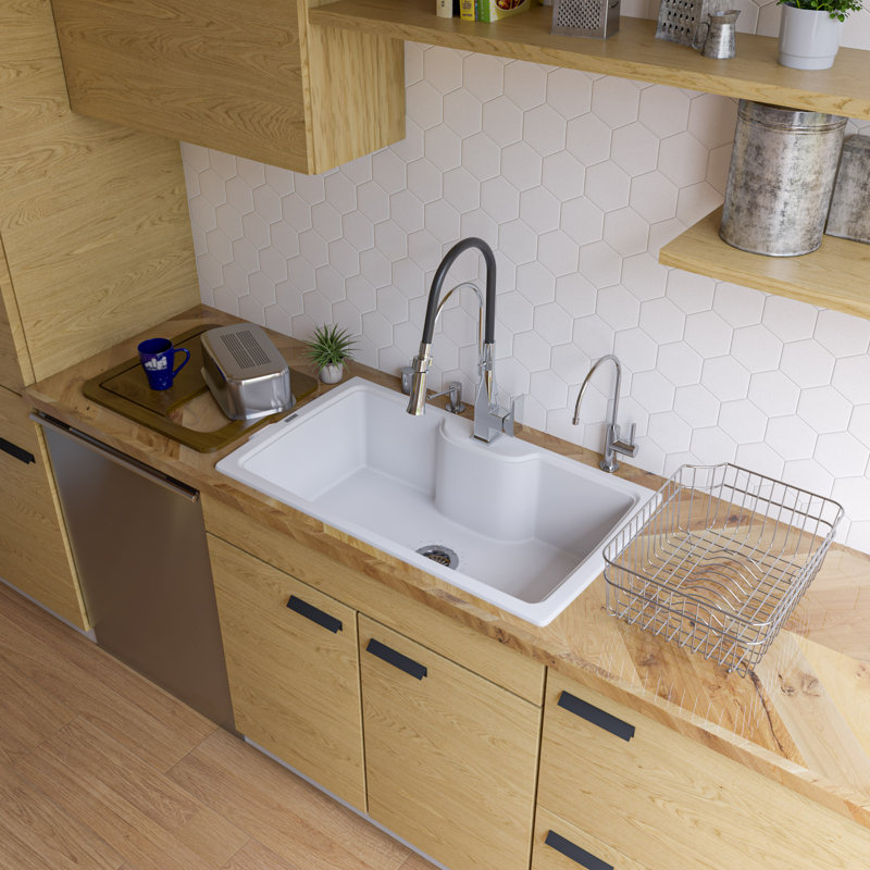 Évier de cuisine à simple cuve à montage sur plan L 34,63 po x l 19,67 po, Blanc