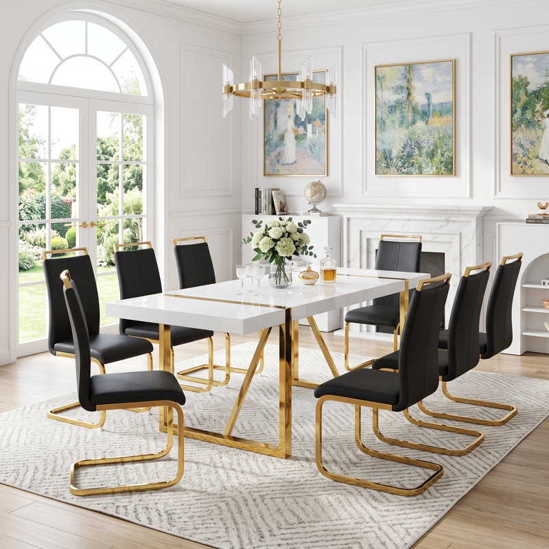 9-Piece Modern Glam Rectangular High-Gloss Dining Set with Faux Leather Cantilever Chairs, 9 Pieces: Table, 8 Chairs, Black