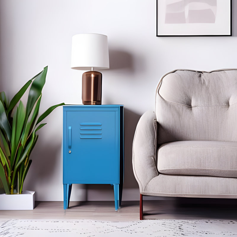 Metal Locker End Table With Storage Shelves And Locking Door