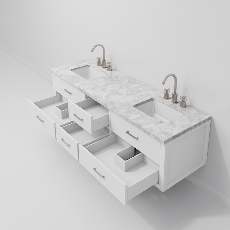Ensemble de meuble-lavabo double mural 72 po Castor, Blanc, Marbre de Carrare blanc