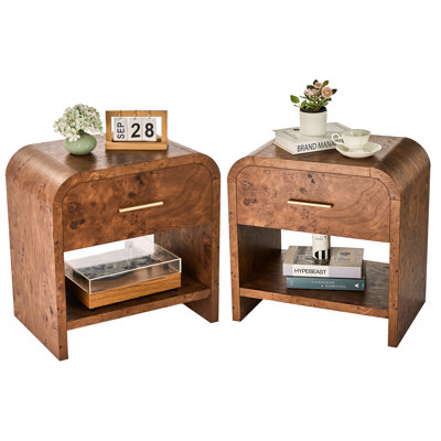 Modern Nightstand Set Of 2 Wooden Bedside Tables With Smooth Rounded Corner Design