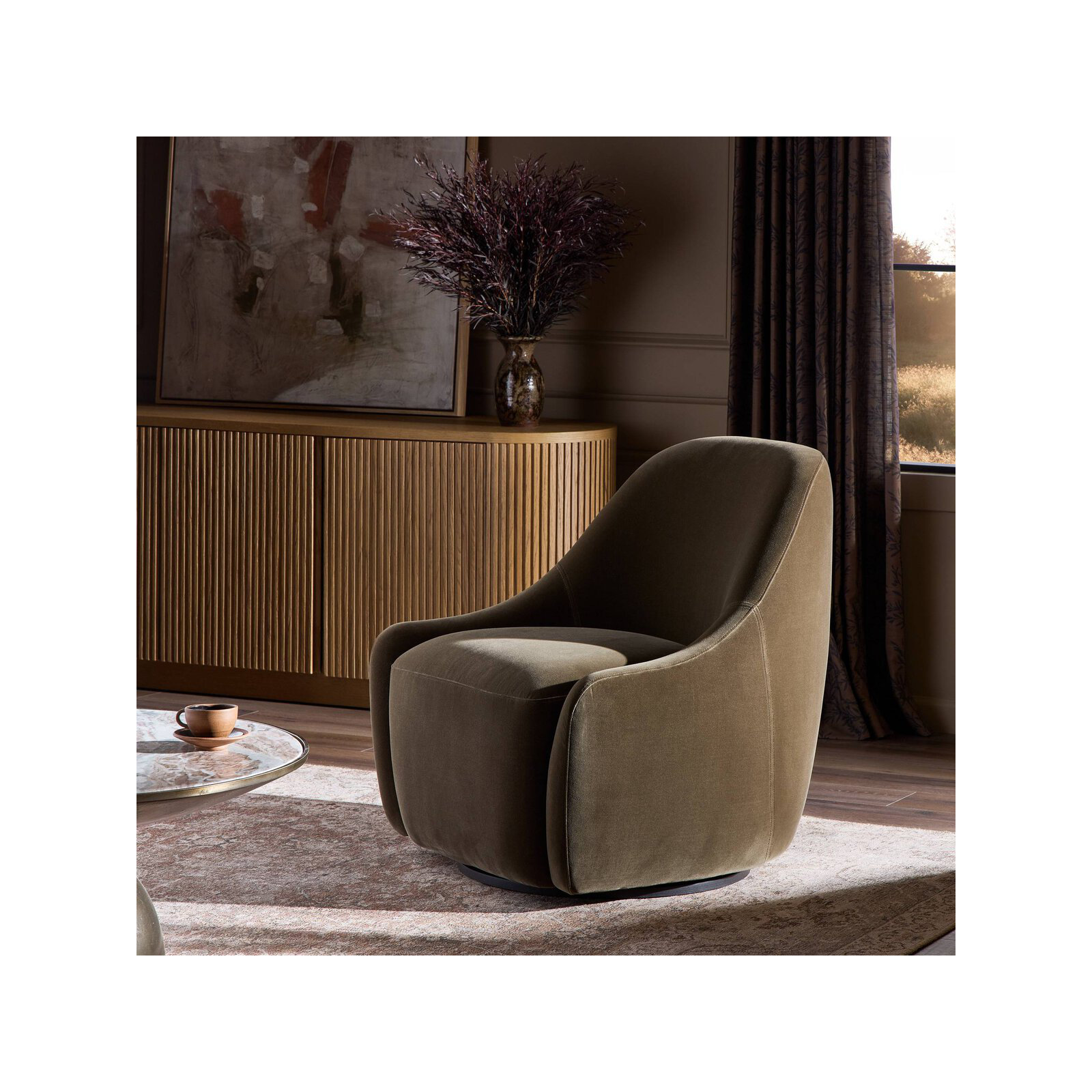 Fiera Upholstered Swivel Barrel Chair, Surrey Olive