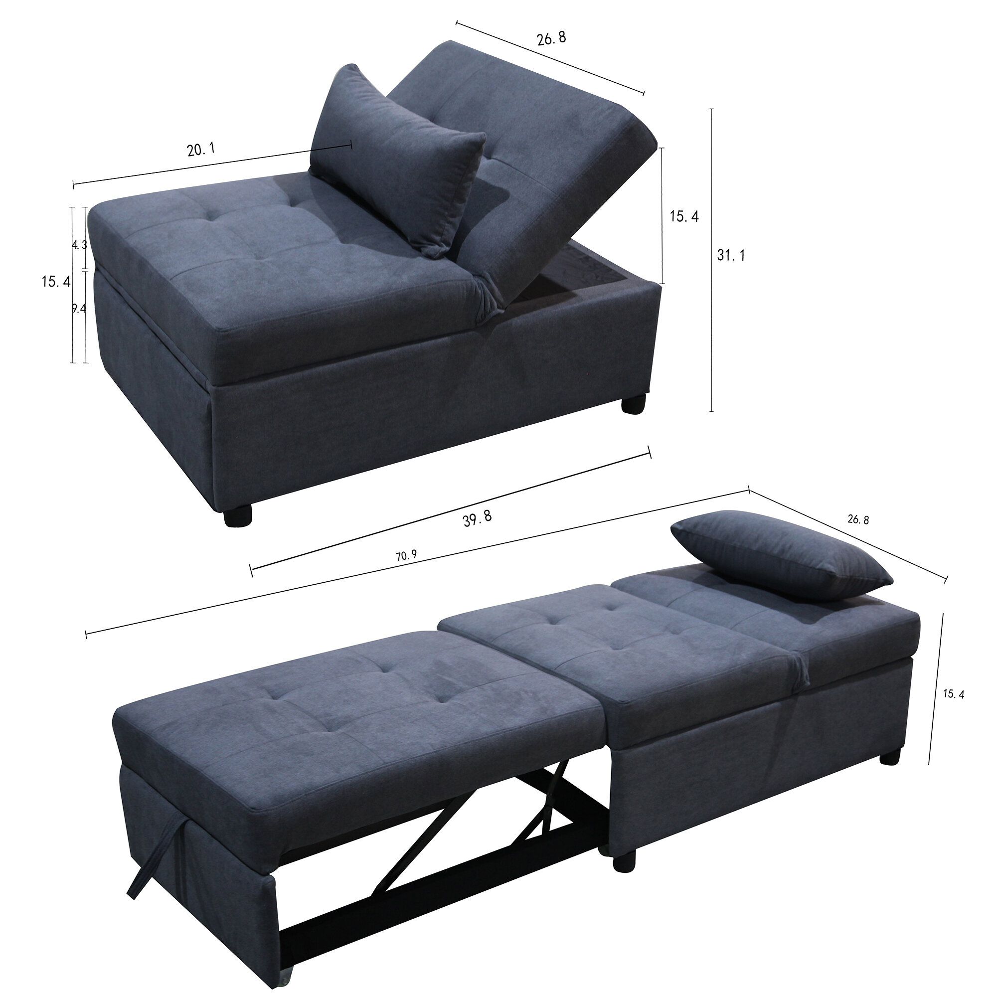 3 Seat Storage Sofa Couch with Armrest, Linen Fabric Sofa with Movable Seat  and Back Cushions, Leisure Sofa with Wooden Legs for Living Room Bedroom