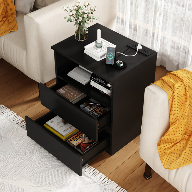 (Ensemble de 2) table de bout avec station de charge USB C rapide, canapé avec 2 tiroirs, grande armoire de rangement moderne en bois pour le salon, la chambre à coucher, le bureau, noir