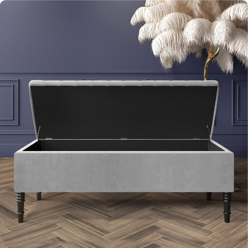 Paris Striped Ottoman Storage Bench - Upholstered Plush Velvet Shoes Bench with Black Turned Wooden Legs, Silver