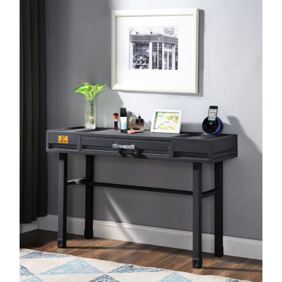 Coiffeuse en métal gris anthracite avec tiroir, pieds droits, plateau en fer de 40 x 40 mm, panneau décoratif encastré, système de fermeture manuelle à poignée unique et glissière latérale, dimensions : 99 cm (L) x 41 cm (l) x 64 cm (H), espace pour les jambes.