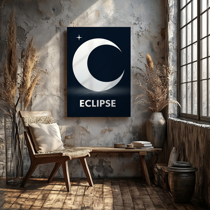 "Toile", créant un design graphique saisissant mettant en vedette un grand croissant de lune, art mural en blanc sur fond noir profond