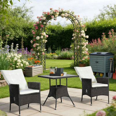 Ensemble bistro de patio 3 pièces - Sièges élégants avec fonction inclinable, table basse rustique, housses de coussin amovibles, chaises de jardin en matériau imperméable, inclinaison par bouton, coffre-fort à lattes avec système de drainage