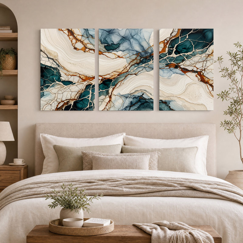 Ensemble de 3 toiles abstraites à grain de marbre bleu et brun, 30"H x 20"W x 3pcs