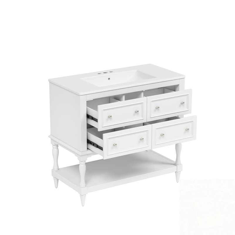Meuble-lavabo avec lavabo supérieur, 4 tiroirs et tablette inférieure, Blanc