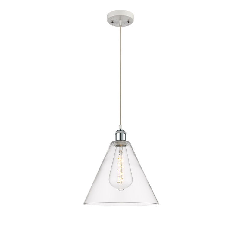Luminaire suspendu conique à 1 lumière Halyn, H 14,75 po x l 12 po x P 12 po, Transparent, Blanc / chrome poli