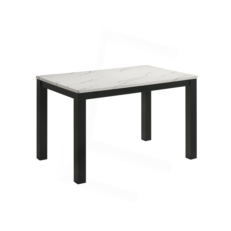 Syon Dining Table, 47 Inch White Faux Marble Top, Black Wood Legs, White