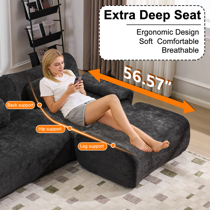Canapé modulaire en chenille à assise profonde et repose-pieds en rayonne de 108 po Boneless, Chenille noir