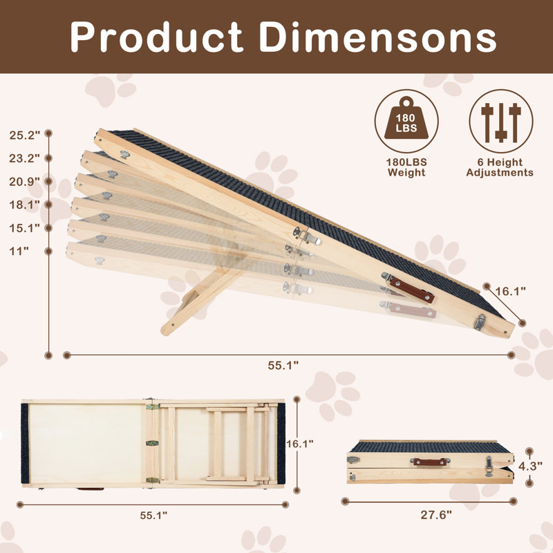 Rampe réglable et pliante pour animaux en bois, H 2,2 po x l 55,1 po x P 16,1 po