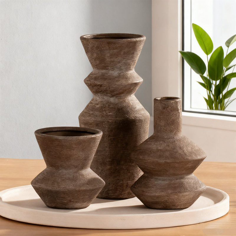 Set Of 3 Brown Ceramic Vases, Farmhouse Modern Flower Vases For Living Room Table Decor, Rustic Centerpiece For Shelf, Kitchen & Office