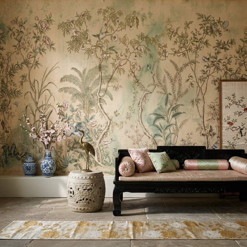 Décoration murale amovible de papier peint botanique chinois discret, Non tissé, 200 po x 120 po
