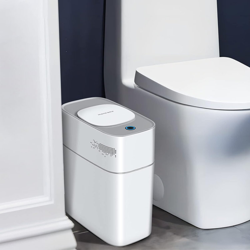 Poubelle de salle de bain avec couvercle, poubelle mince 3,8 gallons, petite poubelle en plastique, poubelle à capteur de mouvement étroit pour chambre à coucher, téléviseur, bureau blanc