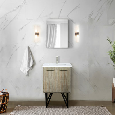 24 po Avec meuble-lavabo de salle de bain rustique avec surface en quartz blanc, miroir coulissant sans cadre de 18 po, fonction de fermeture en douceur et comptoir à tablette ouverte, armoire intérieure ronde